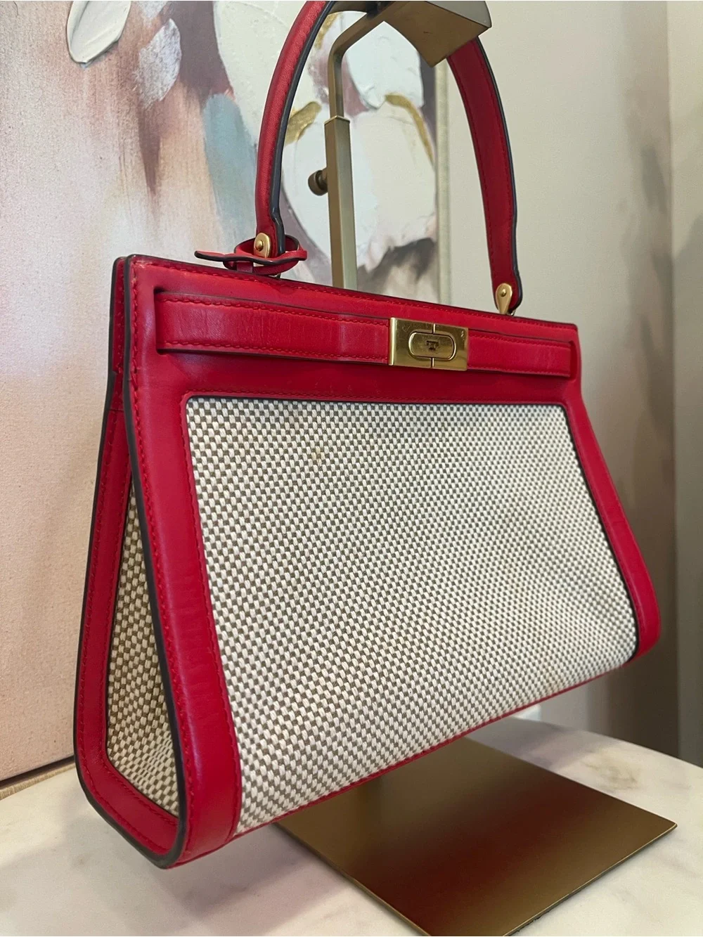 Tory Burch Radziwill Red Leather-Trim Woven Satchel - Picture 3 of 8